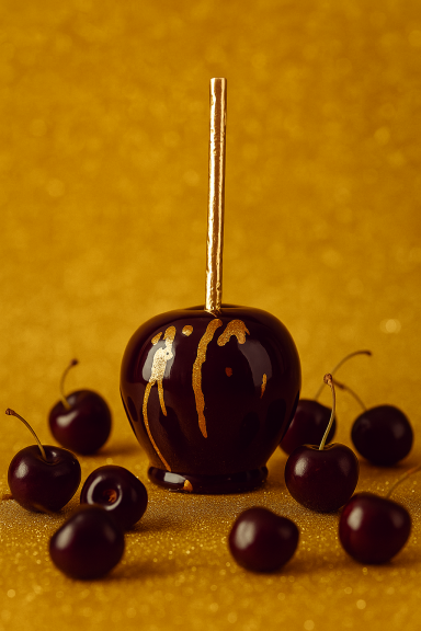 Eine kandierte Apfel auf einem gelben Hintergrund, umgeben von Kirschen.