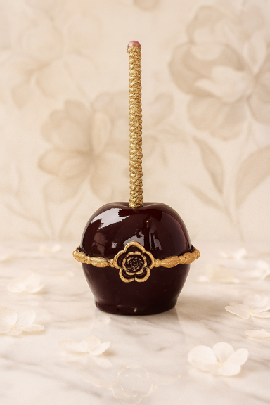 Ein glasiertes Apfel auf einem Stiel, verziert mit goldenen Elementen.