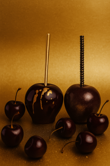Dunkle Candy Apples mit Stäbchen, umgeben von frischen Kirschen auf goldenem Hintergrund.