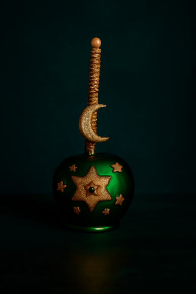 Grüner Apfel mit goldenen Sternen und Mond, auf dunklem Hintergrund.
